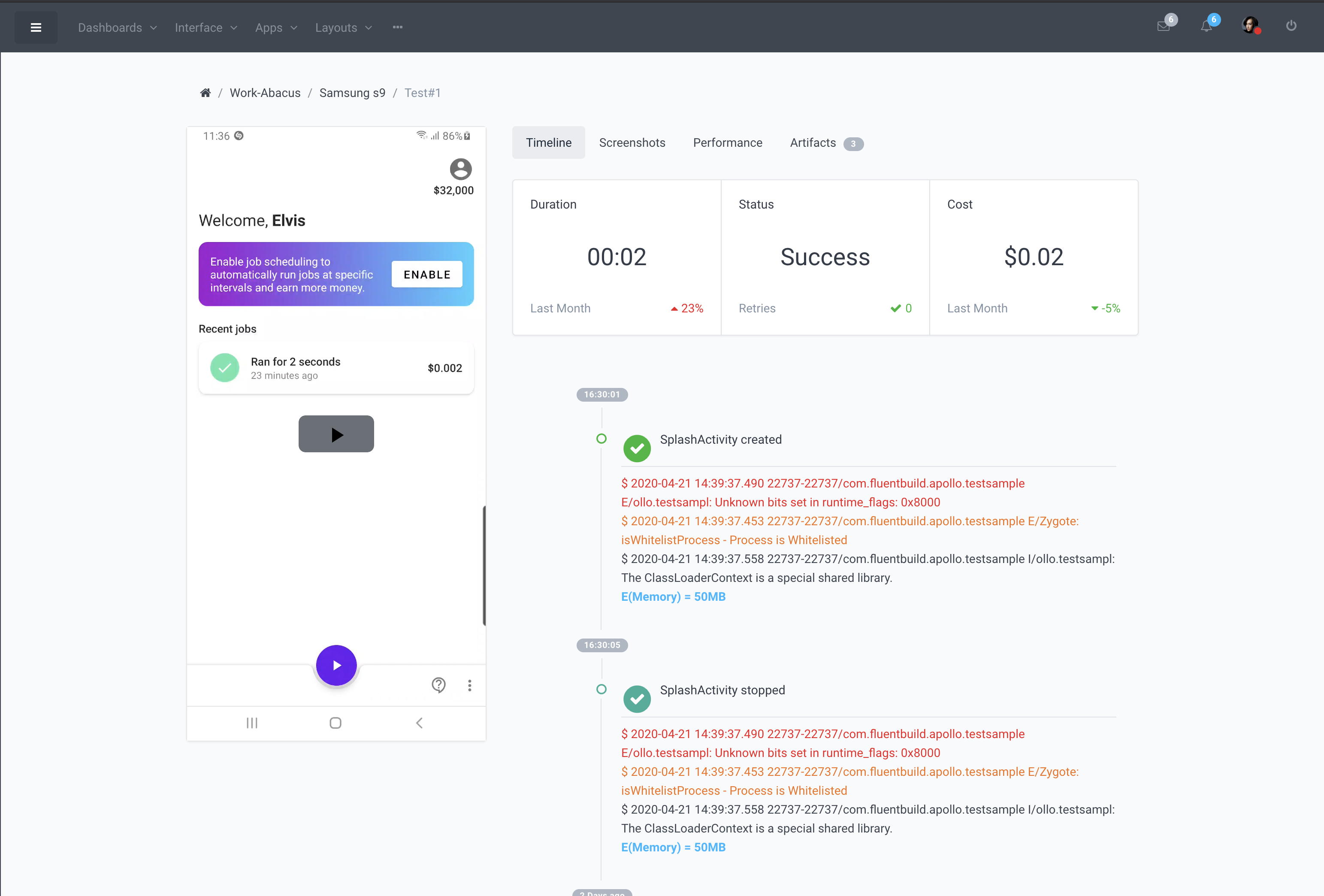 Dashboard timeline